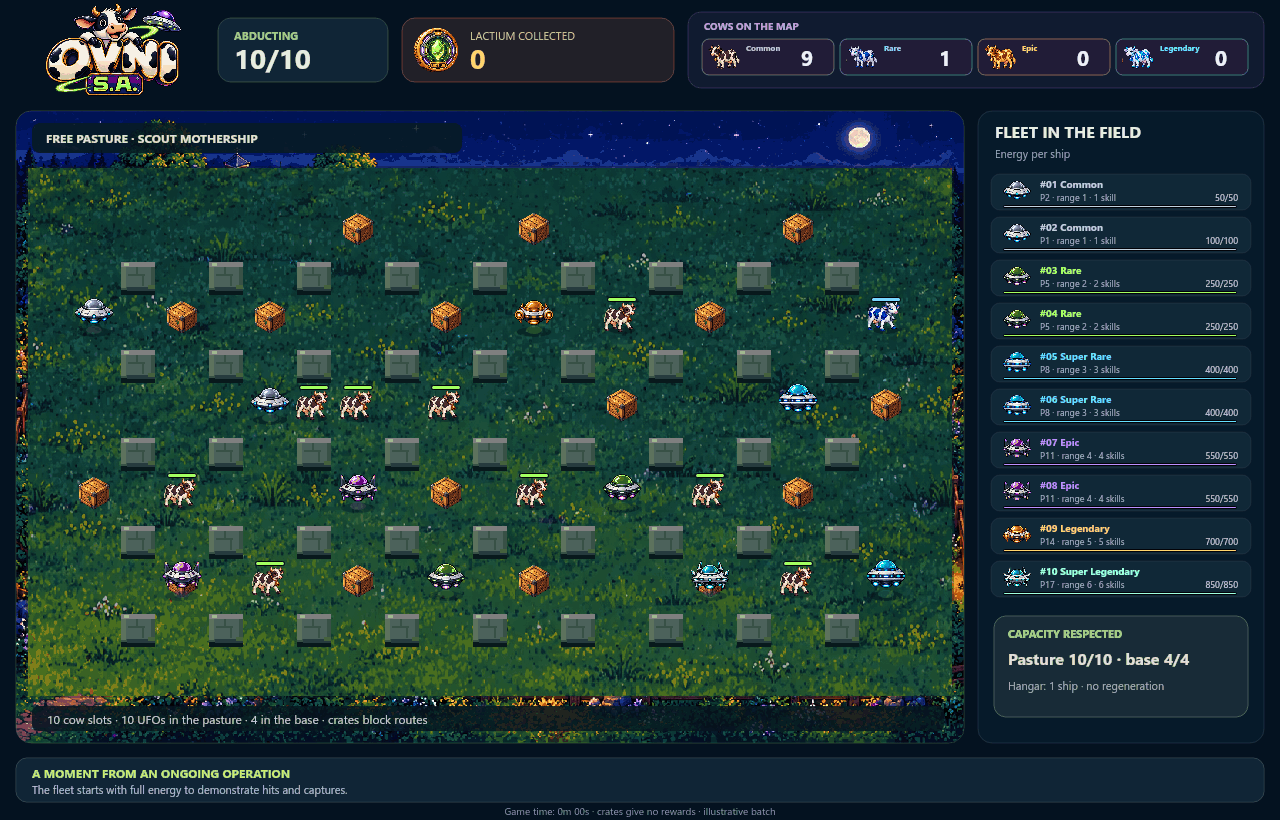 OVNI S.A. gameplay: ten ships in the pasture, walking and grazing cows, hits, and vertical abduction through the Gravitational beam.