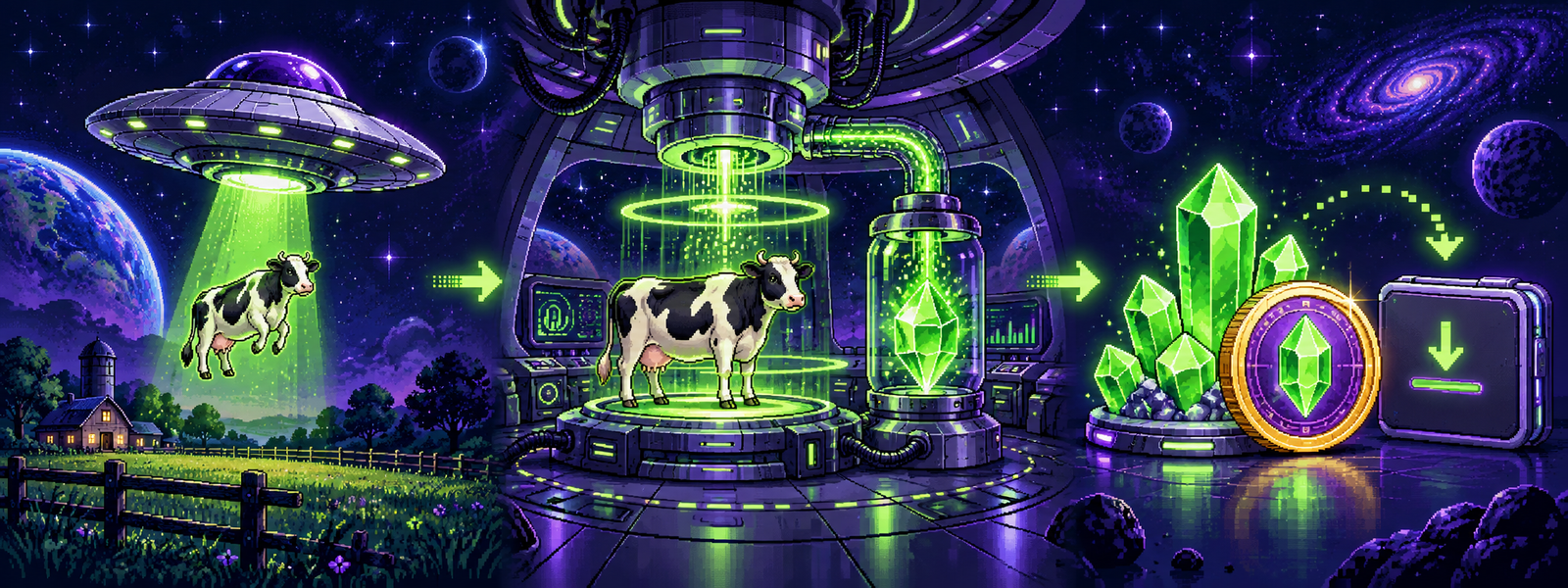 A ship abducts a cow, extracts LACTIUM crystals, and sends the tokens to a wallet.