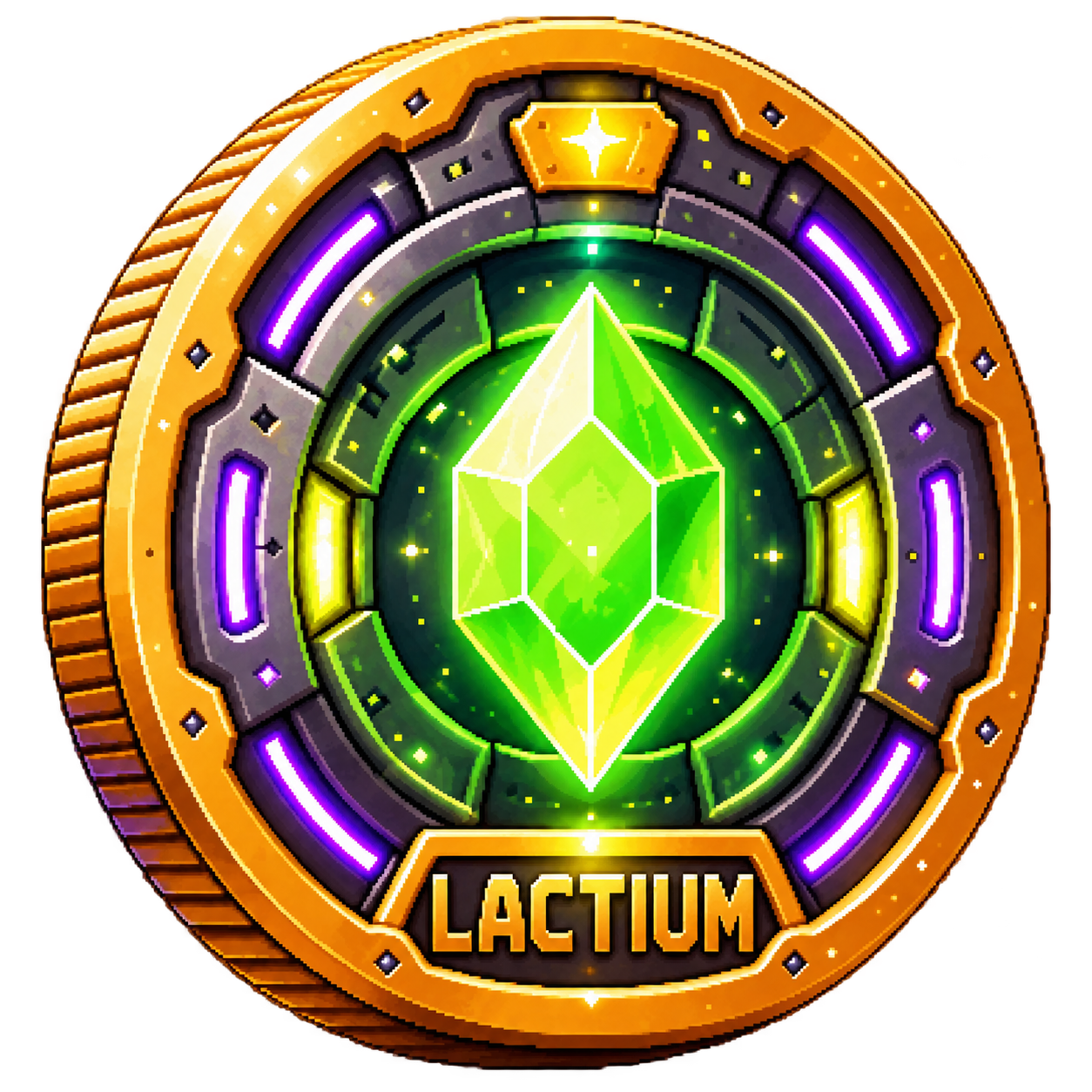 LACTIUM token — a green Lactium core with a golden rim and purple accents